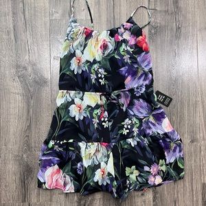 Express Floral Scoop Neck Tie Waist Romper